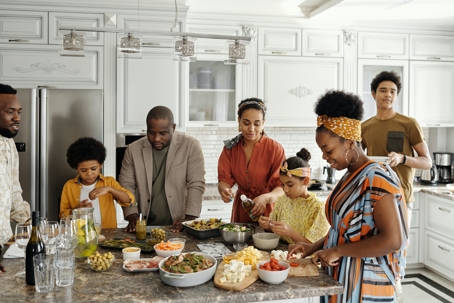 Family around a kitchen island